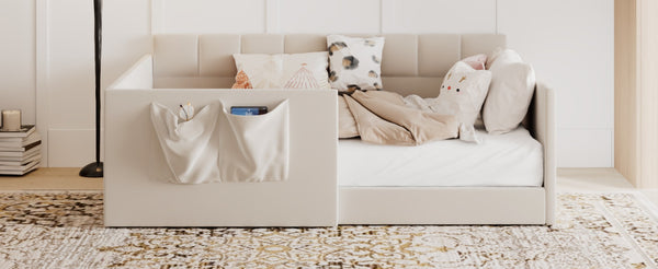 English Elm Full Size Velvet Daybed with Wraparound Panels and Storage Pockets for Guest Rooms Beige SF000208AAA