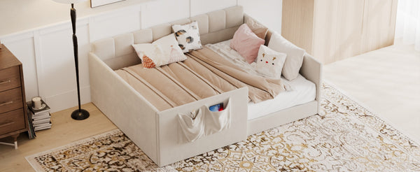 English Elm Full Size Velvet Daybed with Wraparound Panels and Storage Pockets for Guest Rooms Beige SF000208AAA