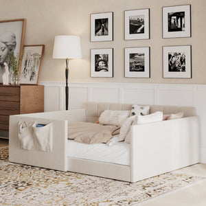 English Elm Full Size Velvet Daybed with Wraparound Panels and Storage Pockets for Guest Rooms Beige SF000208AAA
