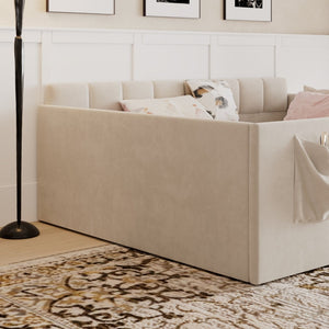 English Elm Full Size Velvet Daybed with Wraparound Panels and Storage Pockets for Guest Rooms Beige SF000208AAA