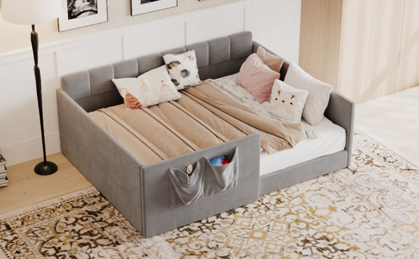 English Elm Full Size Velvet Daybed with Wraparound Panels and Storage Pockets for Guest Rooms Gray SF000208AAE