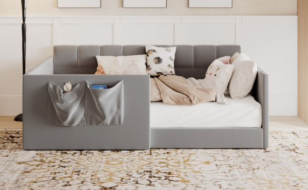 English Elm Full Size Velvet Daybed with Wraparound Panels and Storage Pockets for Guest Rooms Gray SF000208AAE