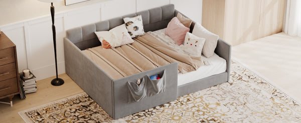 English Elm Full Size Velvet Daybed with Wraparound Panels and Storage Pockets for Guest Rooms Gray SF000208AAE