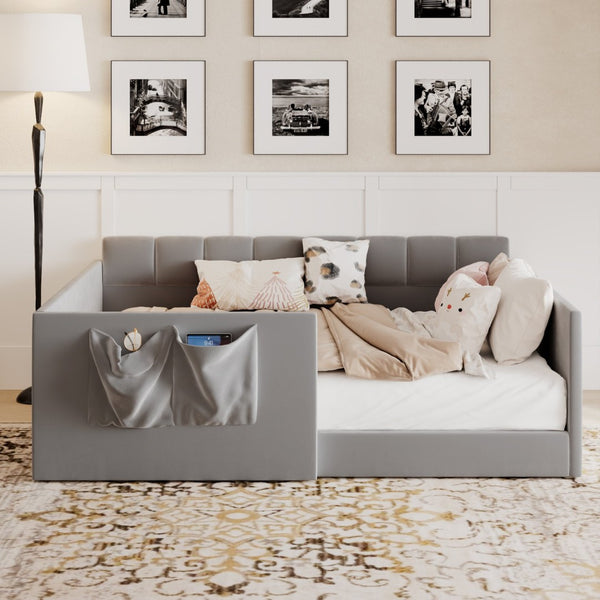 English Elm Full Size Velvet Daybed with Wraparound Panels and Storage Pockets for Guest Rooms Gray SF000208AAE