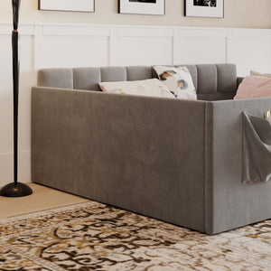 English Elm Full Size Velvet Daybed with Wraparound Panels and Storage Pockets for Guest Rooms Gray SF000208AAE