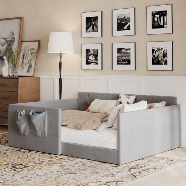 English Elm Full Size Velvet Daybed with Wraparound Panels and Storage Pockets for Guest Rooms Gray SF000208AAE