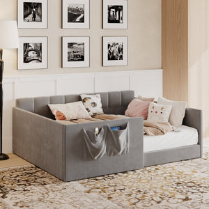 English Elm Full Size Velvet Daybed with Wraparound Panels and Storage Pockets for Guest Rooms Gray SF000208AAE
