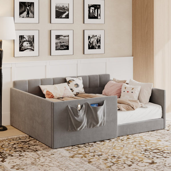 English Elm Full Size Velvet Daybed with Wraparound Panels and Storage Pockets for Guest Rooms Gray SF000208AAE