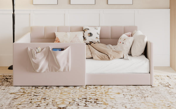 English Elm Full Size Velvet Daybed with Wraparound Panels and Storage Pockets for Guest Rooms Pink SF000208AAH