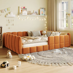 English Elm Full Size Velvet Upholstered Floor Bed with Channel Tufting Low Profile Modern Frame Orange SF000211AAD