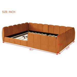 English Elm Full Size Velvet Upholstered Floor Bed with Channel Tufting Low Profile Modern Frame Orange SF000211AAD