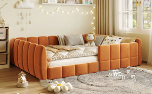 English Elm Full Size Velvet Upholstered Floor Bed with Channel Tufting Low Profile Modern Frame Orange SF000211AAD