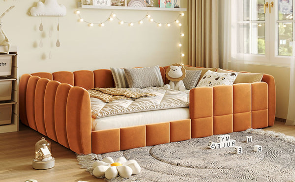 English Elm Full Size Velvet Upholstered Floor Bed with Channel Tufting Low Profile Modern Frame Orange SF000211AAD