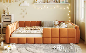 English Elm Full Size Velvet Upholstered Floor Bed with Channel Tufting Low Profile Modern Frame Orange SF000211AAD