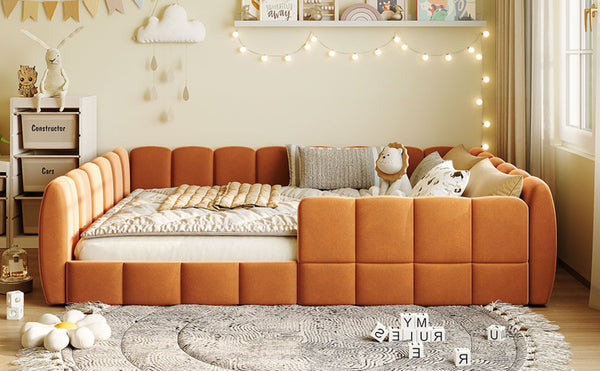 English Elm Full Size Velvet Upholstered Floor Bed with Channel Tufting Low Profile Modern Frame Orange SF000211AAD