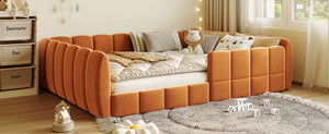 English Elm Full Size Velvet Upholstered Floor Bed with Channel Tufting Low Profile Modern Frame Orange SF000211AAD