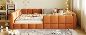 English Elm Full Size Velvet Upholstered Floor Bed with Channel Tufting Low Profile Modern Frame Orange SF000211AAD