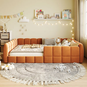 English Elm Full Size Velvet Upholstered Floor Bed with Channel Tufting Low Profile Modern Frame Orange SF000211AAD
