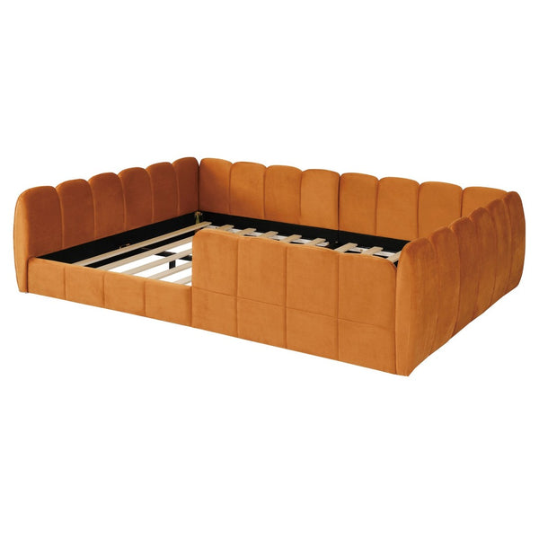 English Elm Full Size Velvet Upholstered Floor Bed with Channel Tufting Low Profile Modern Frame Orange SF000211AAD