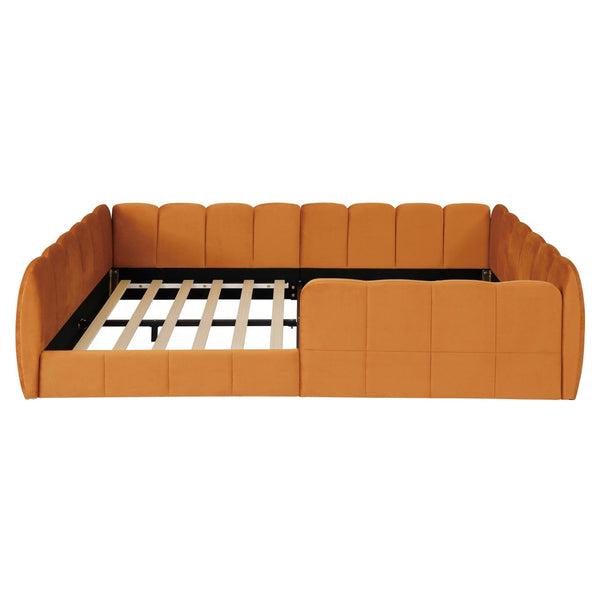 English Elm Full Size Velvet Upholstered Floor Bed with Channel Tufting Low Profile Modern Frame Orange SF000211AAD