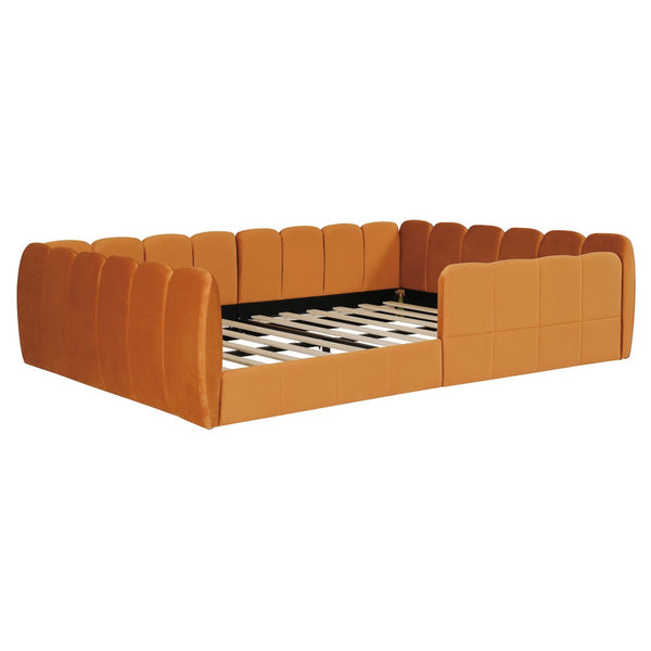 English Elm Full Size Velvet Upholstered Floor Bed with Channel Tufting Low Profile Modern Frame Orange SF000211AAD