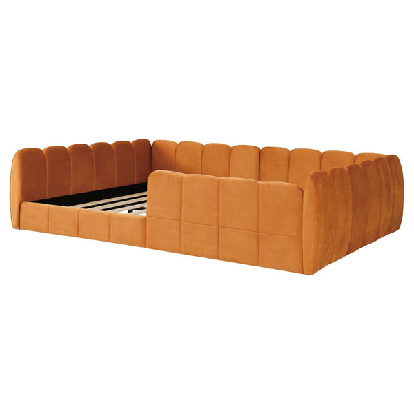 English Elm Full Size Velvet Upholstered Floor Bed with Channel Tufting Low Profile Modern Frame Orange SF000211AAD