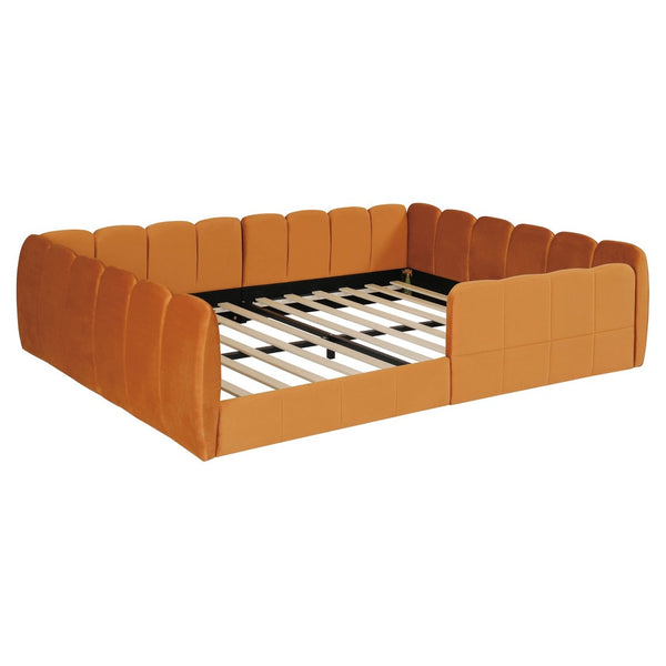English Elm Full Size Velvet Upholstered Floor Bed with Channel Tufting Low Profile Modern Frame Orange SF000211AAD