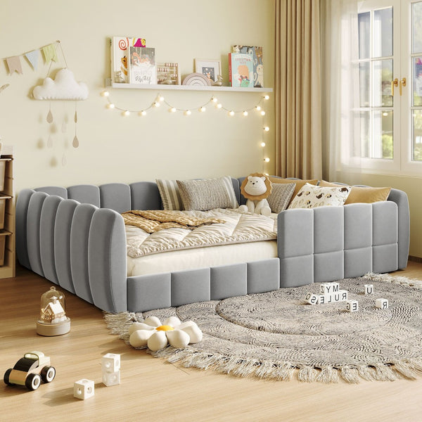 English Elm Full Size Velvet Upholstered Floor Bed with Channel Tufting Low Profile Modern Frame Gray SF000211AAE