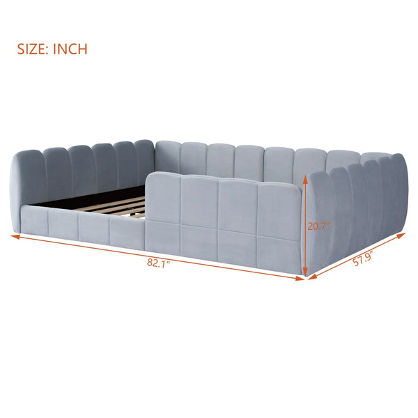 English Elm Full Size Velvet Upholstered Floor Bed with Channel Tufting Low Profile Modern Frame Gray SF000211AAE