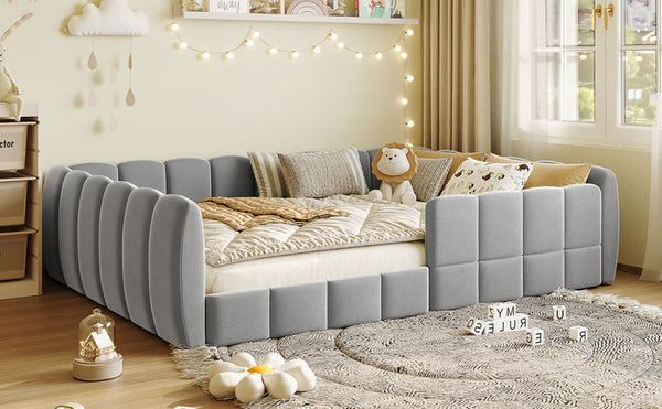 English Elm Full Size Velvet Upholstered Floor Bed with Channel Tufting Low Profile Modern Frame Gray SF000211AAE