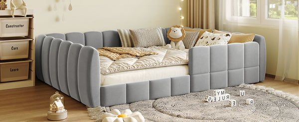 English Elm Full Size Velvet Upholstered Floor Bed with Channel Tufting Low Profile Modern Frame Gray SF000211AAE