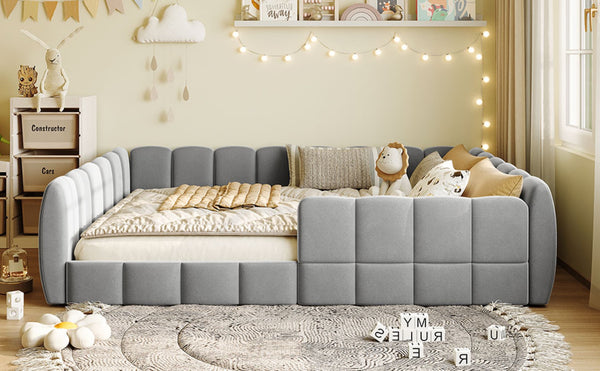 English Elm Full Size Velvet Upholstered Floor Bed with Channel Tufting Low Profile Modern Frame Gray SF000211AAE