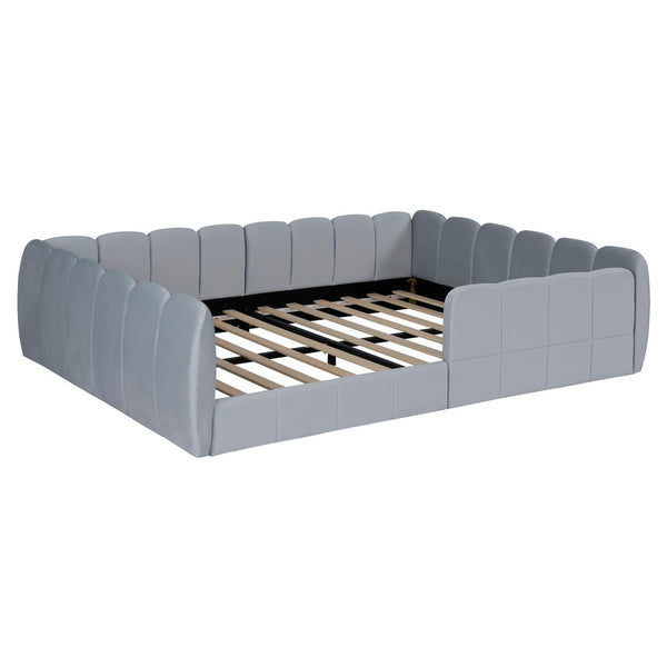 English Elm Full Size Velvet Upholstered Floor Bed with Channel Tufting Low Profile Modern Frame Gray SF000211AAE