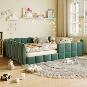 English Elm Full Size Velvet Upholstered Floor Bed with Channel Tufting Low Profile Modern Frame Green SF000211AAF