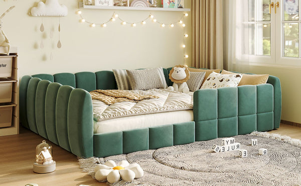 English Elm Full Size Velvet Upholstered Floor Bed with Channel Tufting Low Profile Modern Frame Green SF000211AAF
