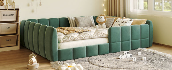 English Elm Full Size Velvet Upholstered Floor Bed with Channel Tufting Low Profile Modern Frame Green SF000211AAF