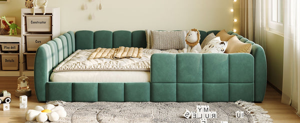English Elm Full Size Velvet Upholstered Floor Bed with Channel Tufting Low Profile Modern Frame Green SF000211AAF