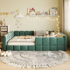 English Elm Full Size Velvet Upholstered Floor Bed with Channel Tufting Low Profile Modern Frame Green SF000211AAF