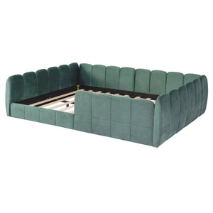 English Elm Full Size Velvet Upholstered Floor Bed with Channel Tufting Low Profile Modern Frame Green SF000211AAF