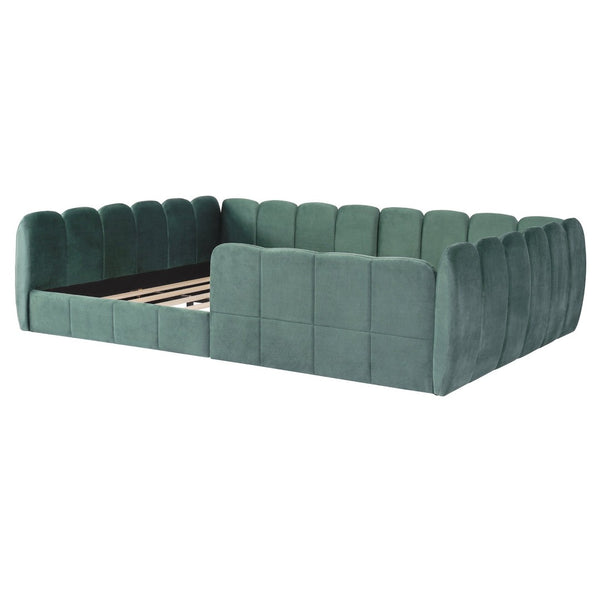 English Elm Full Size Velvet Upholstered Floor Bed with Channel Tufting Low Profile Modern Frame Green SF000211AAF