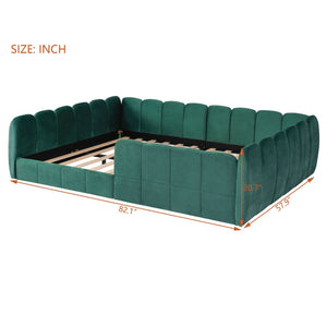 English Elm Full Size Velvet Upholstered Floor Bed with Channel Tufting Low Profile Modern Frame Green SF000211AAF