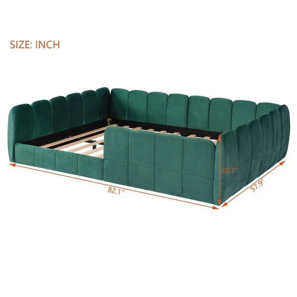 English Elm Full Size Velvet Upholstered Floor Bed with Channel Tufting Low Profile Modern Frame Green SF000211AAF