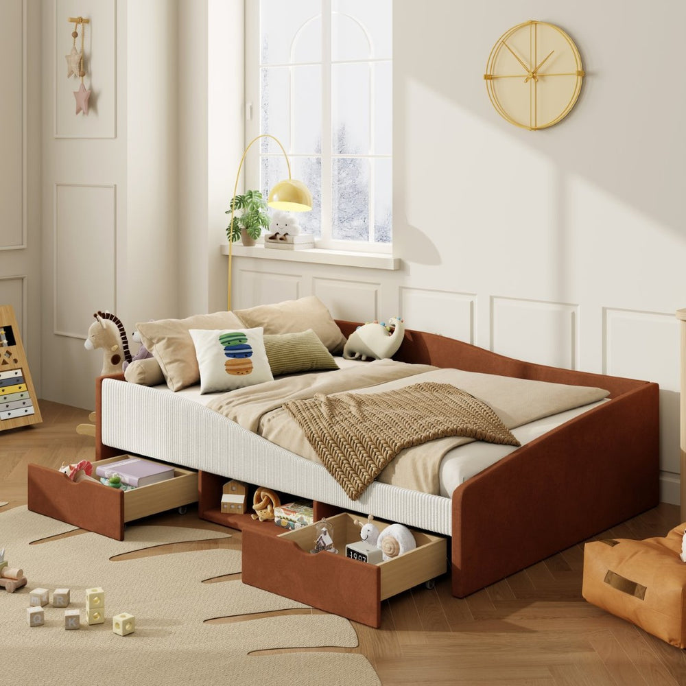 English Elm Full Upholstered Daybed with Corduroy Velvet Fabric 2 Storage Drawers Kids Bedroom Brown SF000213AAD