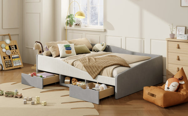 English Elm Full Upholstered Daybed with Corduroy Velvet Fabric 2 Storage Drawers Kids Bedroom Gray SF000213AAE