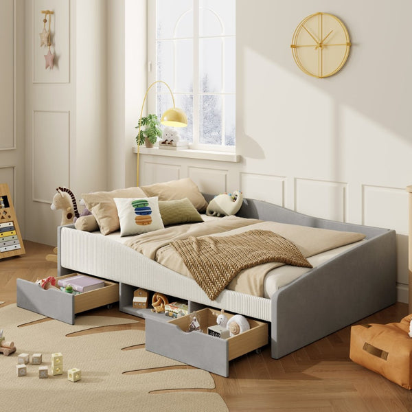 English Elm Full Upholstered Daybed with Corduroy Velvet Fabric 2 Storage Drawers Kids Bedroom Gray SF000213AAE