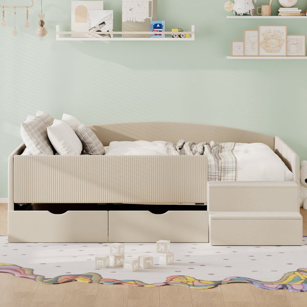 English Elm Full Size Kids Daybed with Corduroy Velvet Upholstery and Two Under Bed Storage Drawers Beige SF000215AAA