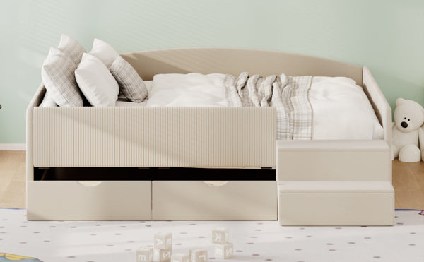 English Elm Full Size Kids Daybed with Corduroy Velvet Upholstery and Two Under Bed Storage Drawers Beige SF000215AAA