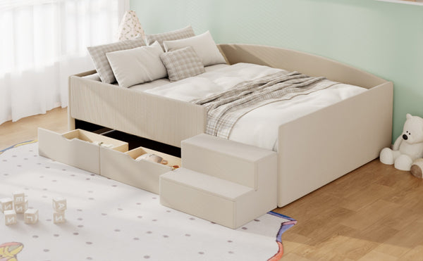 English Elm Full Size Kids Daybed with Corduroy Velvet Upholstery and Two Under Bed Storage Drawers Beige SF000215AAA