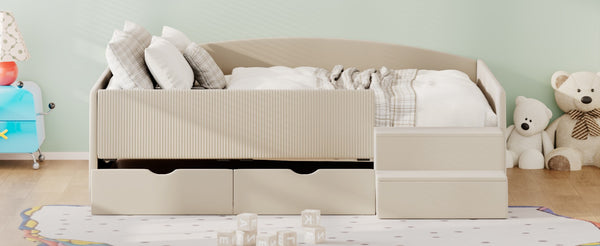 English Elm Full Size Kids Daybed with Corduroy Velvet Upholstery and Two Under Bed Storage Drawers Beige SF000215AAA