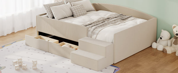 English Elm Full Size Kids Daybed with Corduroy Velvet Upholstery and Two Under Bed Storage Drawers Beige SF000215AAA
